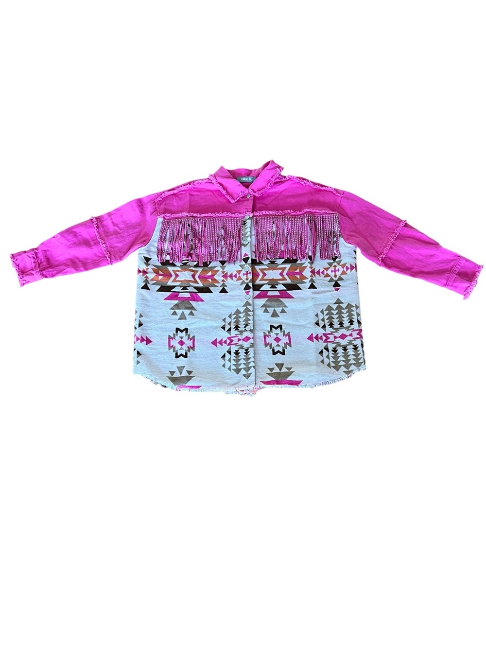 New blue b Hot Pink Taupe Silver Stud Fringe Aztec Flannel Twill Jacket Shacket - Picture 3 of 5